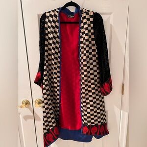 BLACK WHITE CHECK RAW SILK WIRH VELVET BURNOUT DETAIL OPEN COAT JACKET SZ M